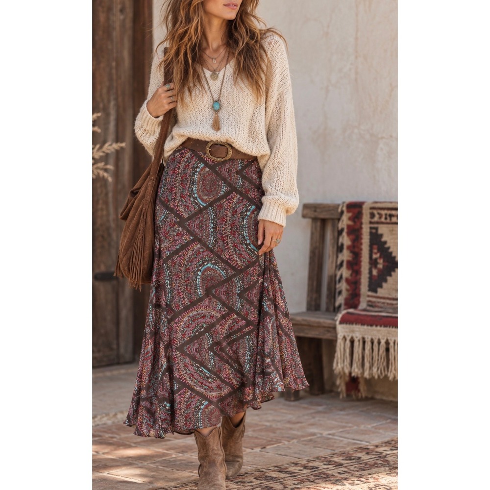 Lucy & Laurel sz L Abstract Geometric Pleated Long Maxi Skirt Southwestern Boho